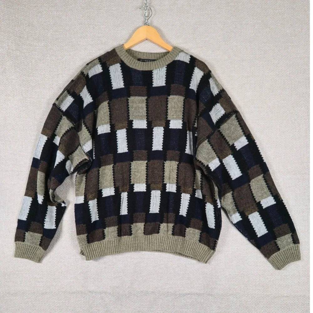 Protege Collection Vintage 90s Geometric Block Knit Sweater Mens‎ XL Made in USA